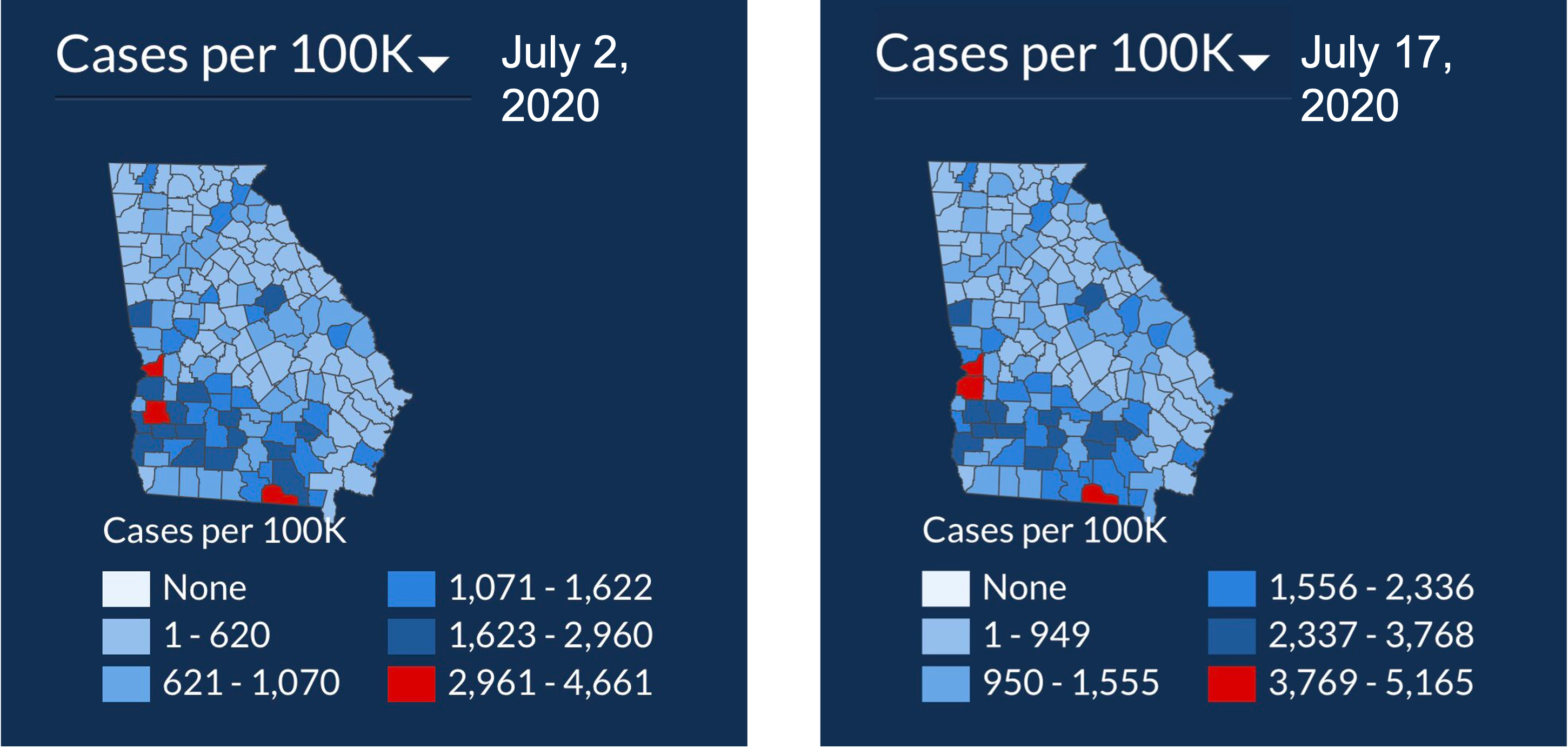 Figure with two maps of Georgia, depciting COVID cases per 100K people from July 2, 2020 and July 17, 2020. The color scale goes from white, to light blue, to dark blue, then to red, and the number of people in the different bins are not the same across plots. 