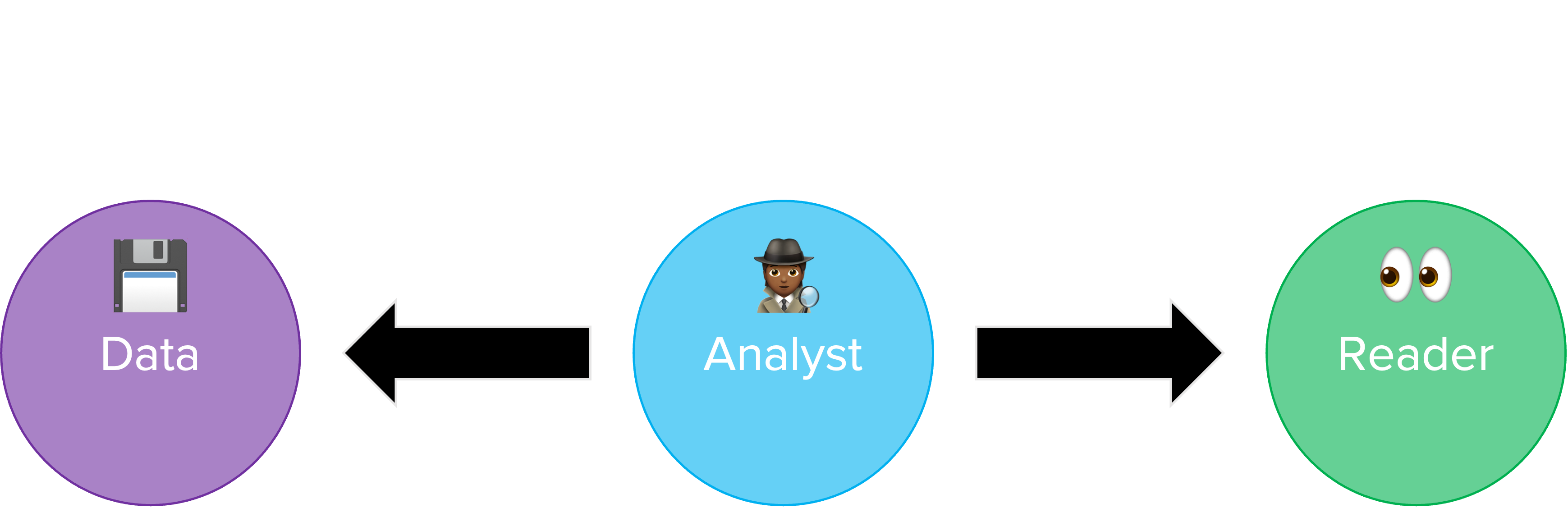 A figure with three circles, and arrows between the first and second, and second and third. First circle says data, middle circle says analyst, and third right-most circle says learner. In between data and analyst= is explore, analyze and learn, and in between analyst and learner is explain, explore and persuade.