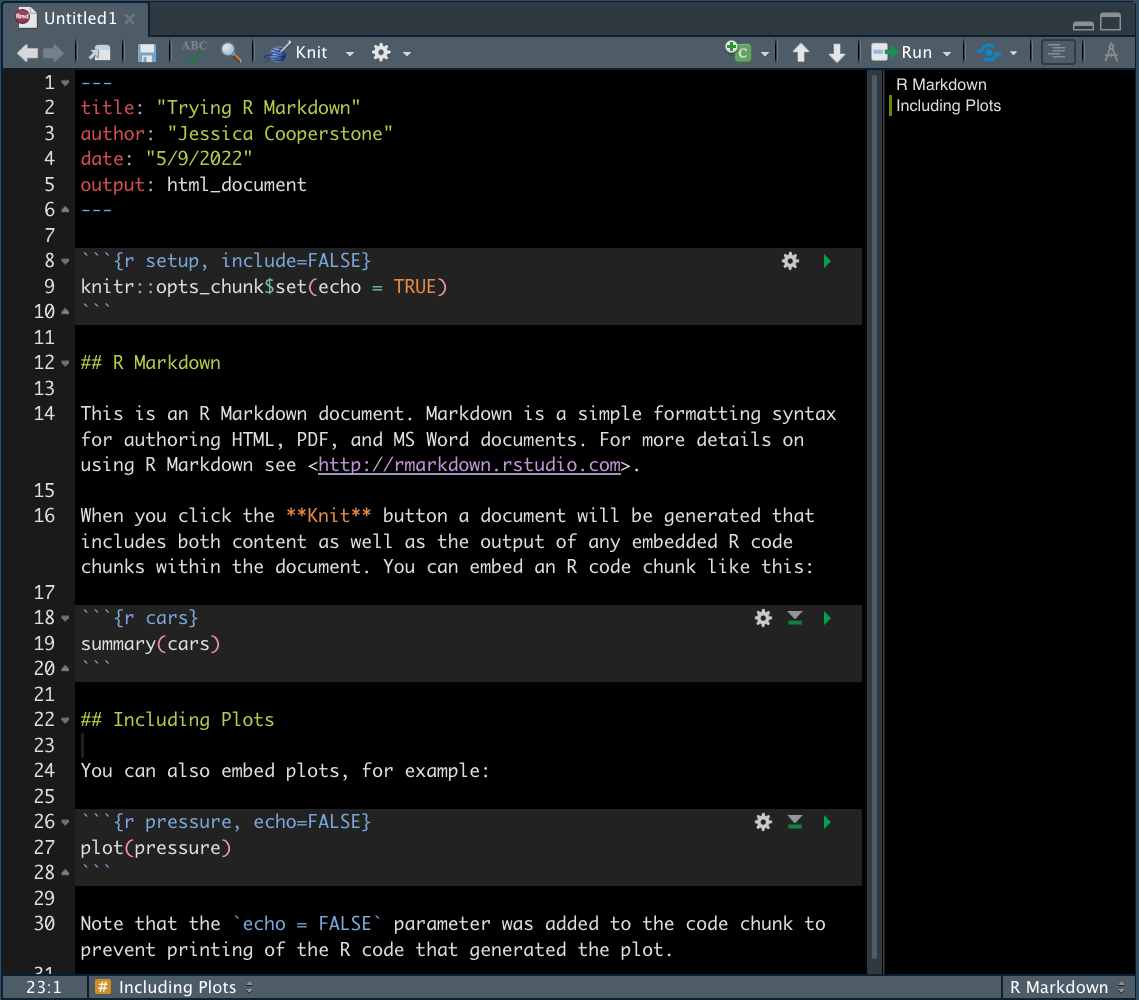 A screenshot of a new, default R Markdown document.