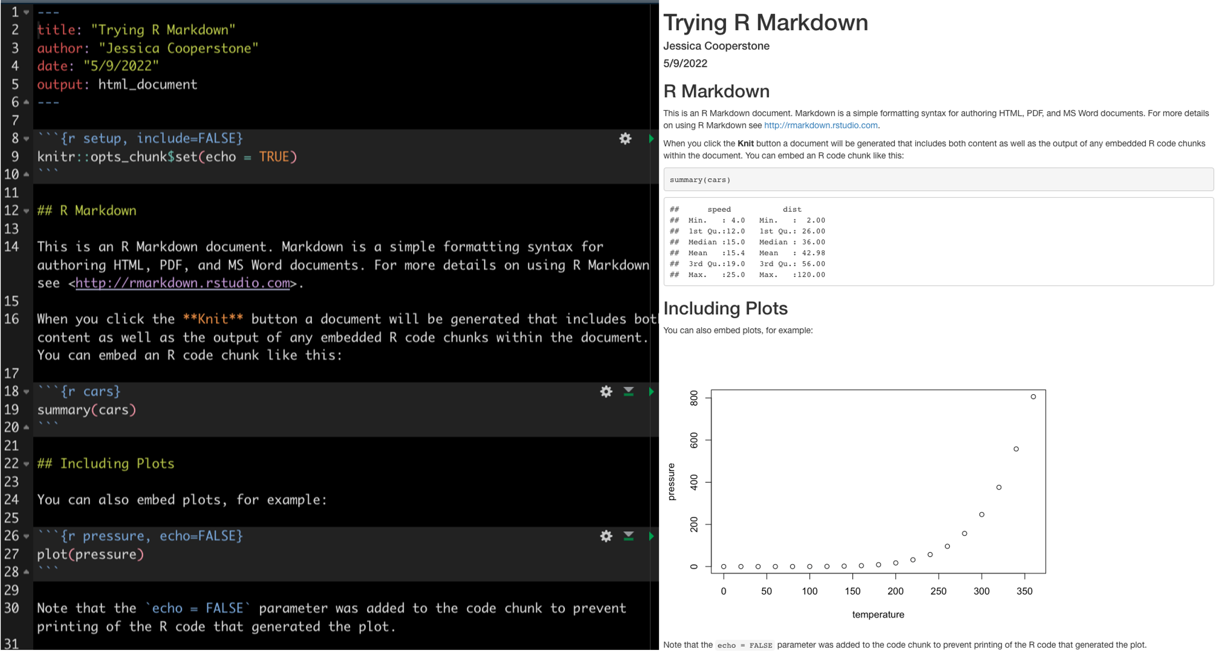 A screenshot of the template R Markdown file opened in RStudio on the left, and the same document knitted as a html on the right.