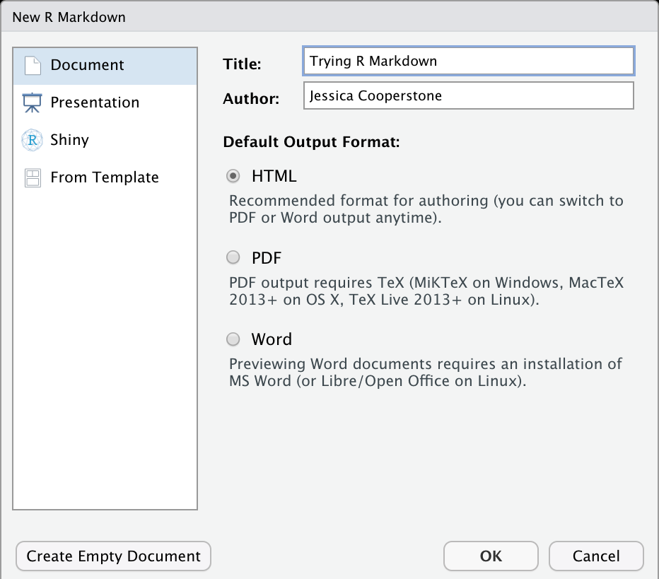 A screenshot of opening up a new R Markdown document, on the left you can choose from Document, Presentaiton, Shiny, or Fromt Template. You enter a title andauthor. The default output format option is html, but you can also pick pdf or word