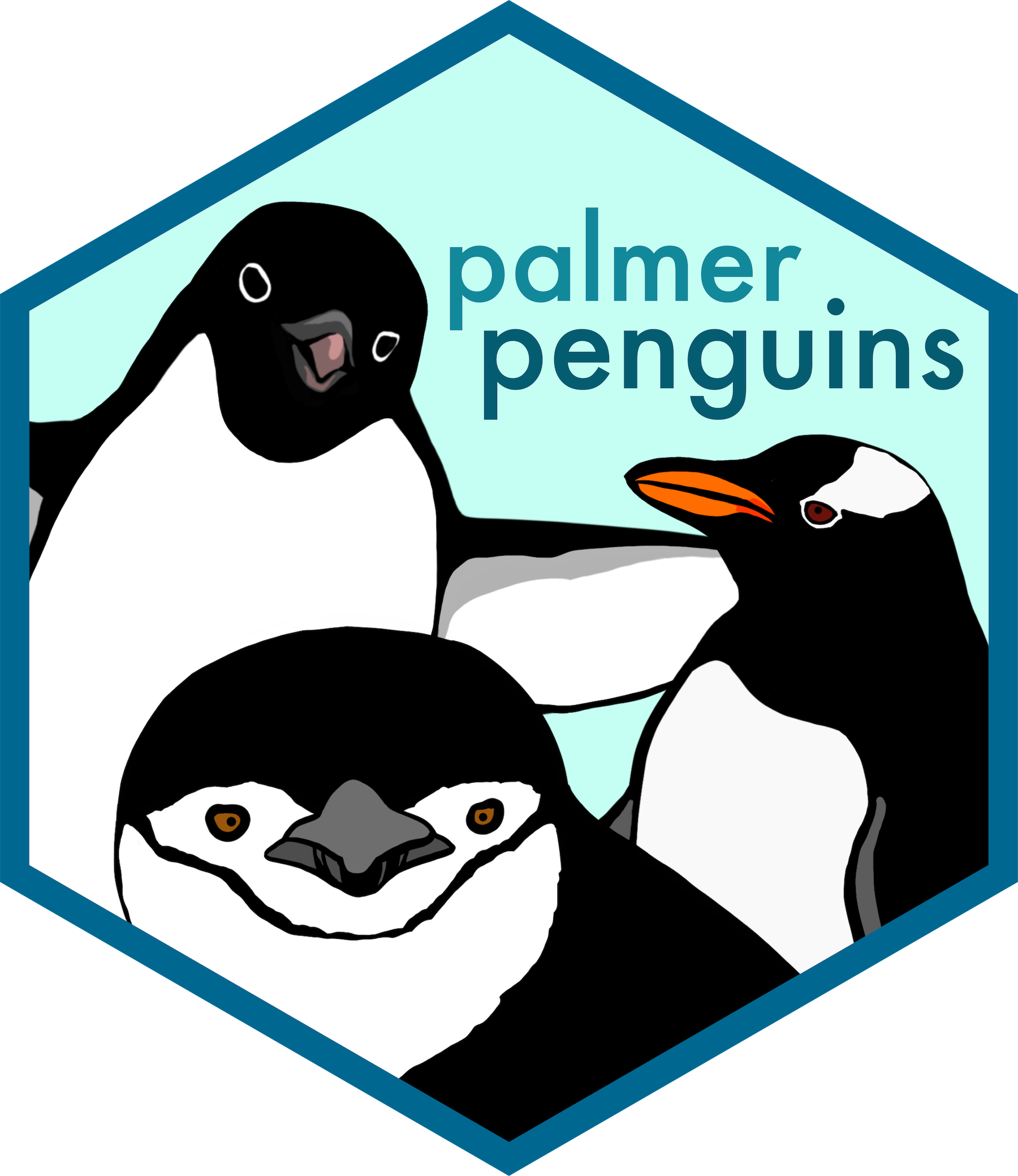 a hexagon sticker in blue with a picture of a 3 cute cartoon penguins that says 'palmer penguins'