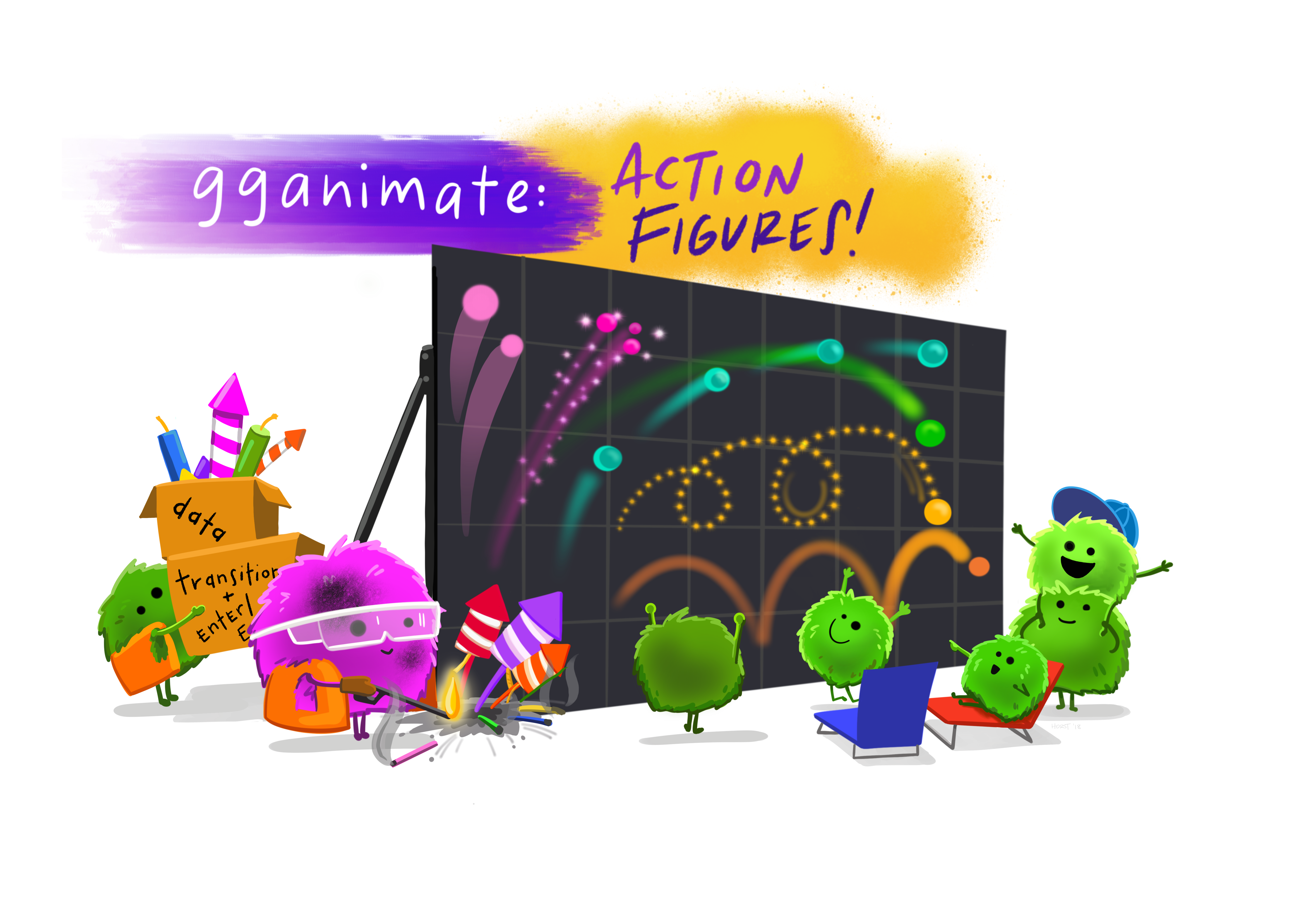 Cartoon of a bunch of monsters watching data points of varing color and shape fly across a screen like fireworks. Several monsters are lighting the data off like fireworks. Stylized text reads “gganimate: action figures!”