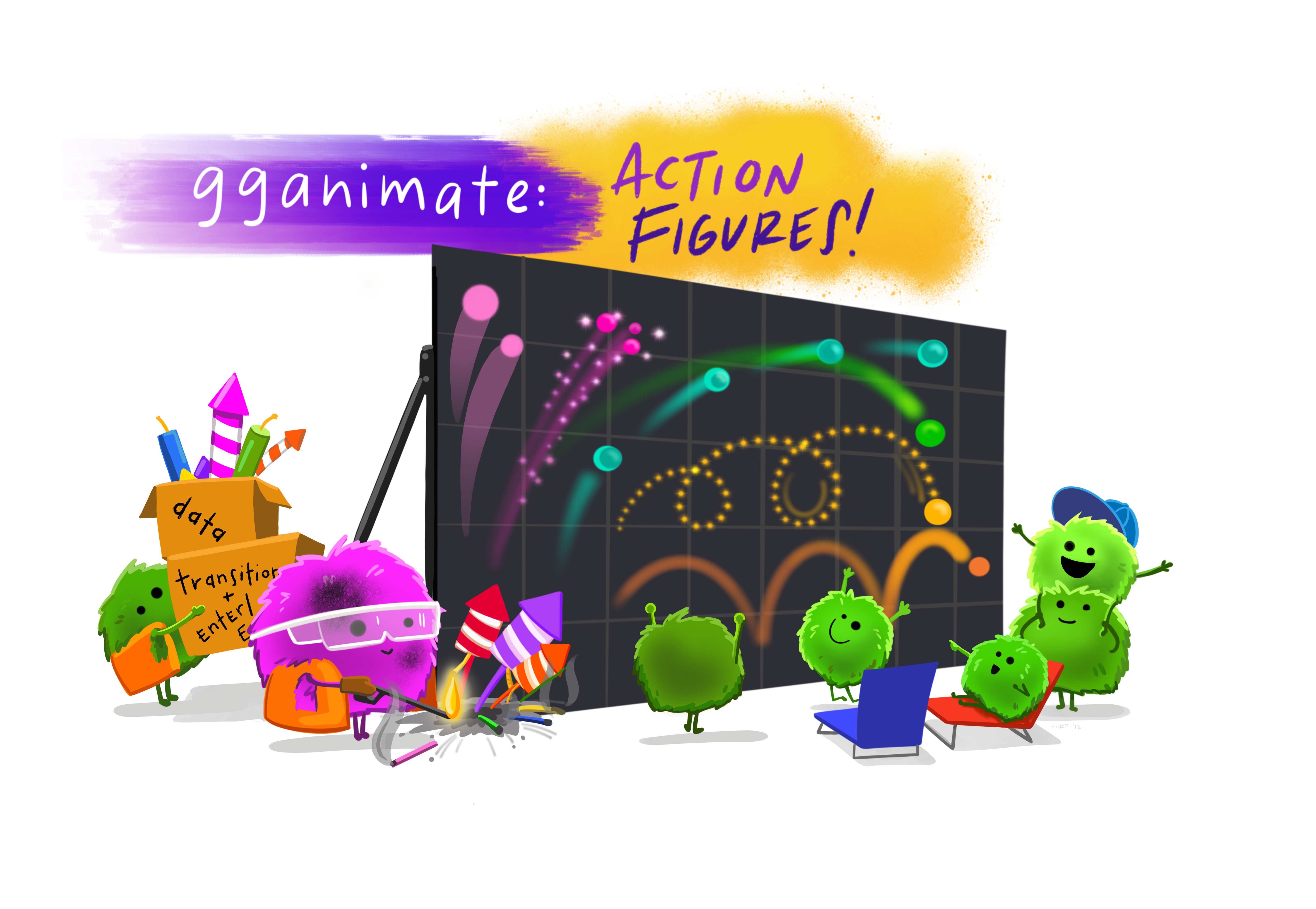 Cartoon of a bunch of monsters watching data points of varing color and shape fly across a screen like fireworks. Several monsters are lighting the data off like fireworks. Stylized text reads βgganimate: action figures!β